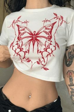 Y2K Aesthetic Butterfly Print White Crop Top for Women - Coquette Style Grunge Fashion