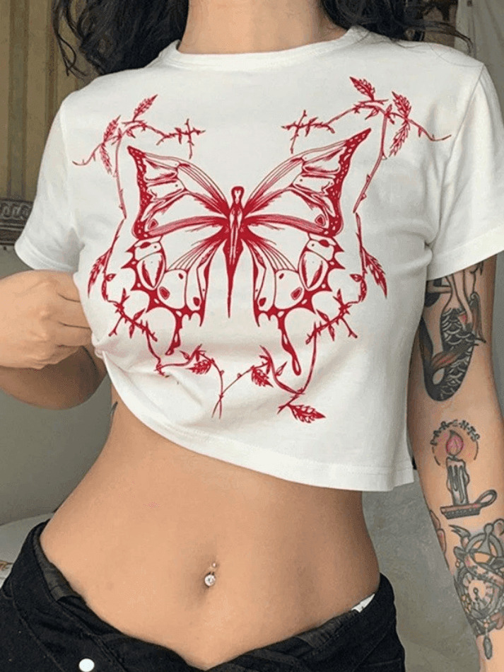 Y2K Aesthetic Butterfly Print White Crop Top for Women - Coquette Style Grunge Fashion