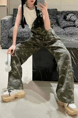 Y2K Aesthetic Camo Print Baggy Denim Overalls for Women