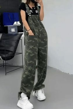 Y2K Aesthetic Camo Print Baggy Denim Overalls for Women