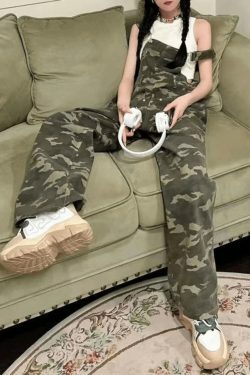 Y2K Aesthetic Camo Print Baggy Denim Overalls for Women