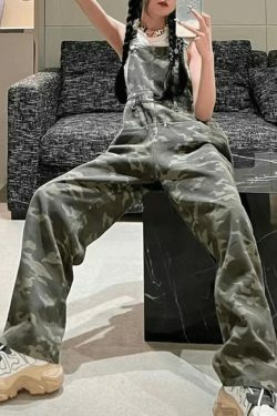 Y2K Aesthetic Camo Print Baggy Denim Overalls for Women