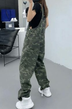 Y2K Aesthetic Camo Print Baggy Denim Overalls for Women
