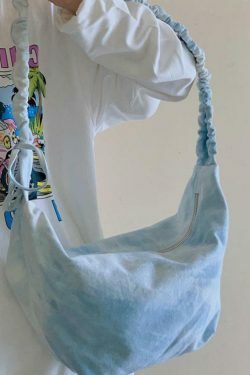 Y2K Aesthetic Canvas Dumpling Crossbody Bag with Pleated Strap