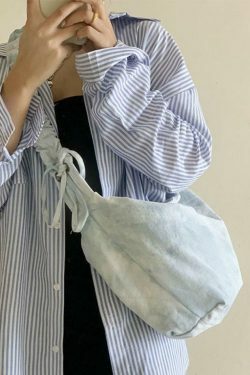 Y2K Aesthetic Canvas Dumpling Crossbody Bag with Pleated Strap