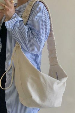 Y2K Aesthetic Canvas Dumpling Crossbody Bag with Pleated Strap