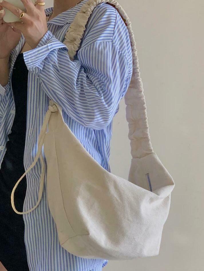 Y2K Aesthetic Canvas Dumpling Crossbody Bag with Pleated Strap Y2K Aesthetic Canvas Dumpling Crossbody Bag with Pleated Strap