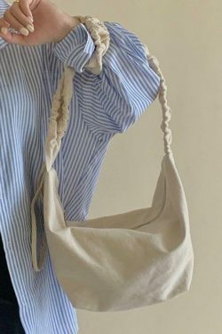 Y2K Aesthetic Canvas Dumpling Crossbody Bag with Pleated Strap