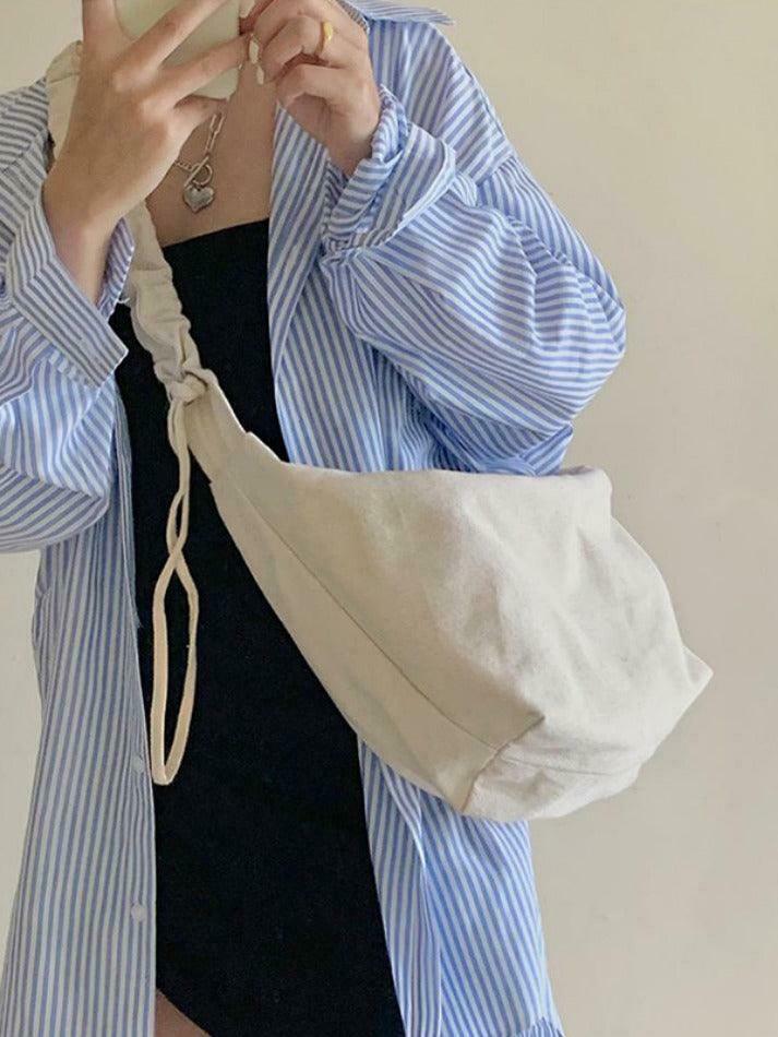 Y2K Aesthetic Canvas Dumpling Crossbody Bag with Pleated Strap Y2K Aesthetic Canvas Dumpling Crossbody Bag with Pleated Strap