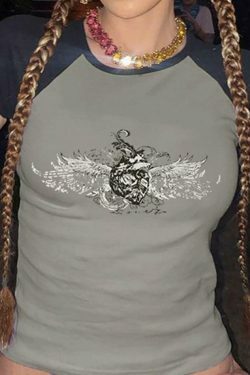 Y2K Aesthetic Cap-Sleeve Graphic Print Raglan T-Shirt - Coquette Style