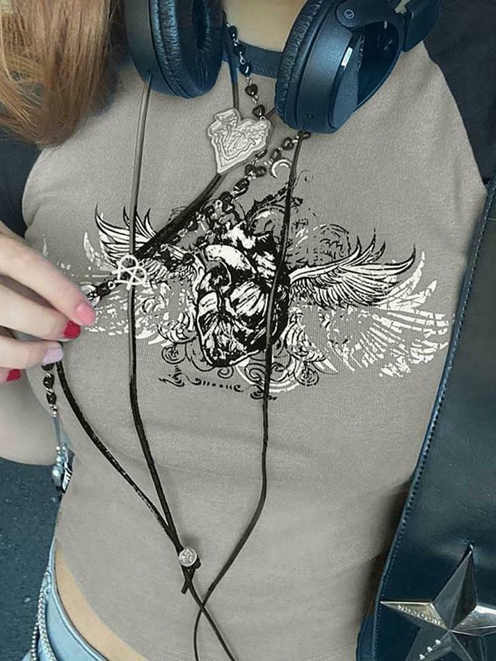 Y2K Aesthetic Cap-Sleeve Graphic Print Raglan T-Shirt - Coquette Style Y2K Aesthetic Cap-Sleeve Graphic Print Raglan T-Shirt - Coquette Style