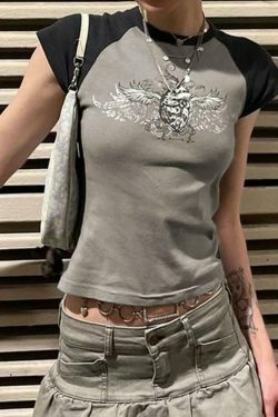 Y2K Aesthetic Cap-Sleeve Graphic Print Raglan T-Shirt - Coquette Style