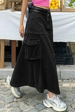 Y2K Aesthetic Cargo Denim Maxi Skirt: Coquette & Grunge Style for Women's Fashion