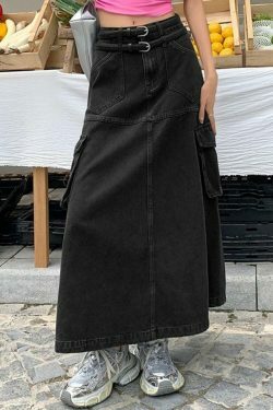 Y2K Aesthetic Cargo Denim Maxi Skirt: Coquette & Grunge Style for Women's Fashion