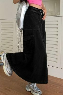 Y2K Aesthetic Cargo Denim Maxi Skirt: Coquette & Grunge Style for Women's Fashion