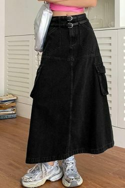 Y2K Aesthetic Cargo Denim Maxi Skirt: Coquette & Grunge Style for Women's Fashion