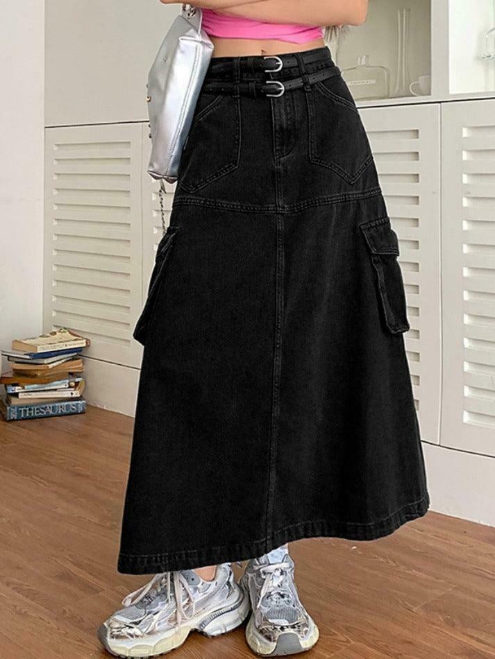 Y2K Aesthetic Cargo Denim Maxi Skirt: Coquette & Grunge Style for Women's Fashion