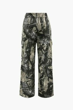 Y2K Aesthetic Cargo Pants with Abstract Print and Multi-Pocket Design
