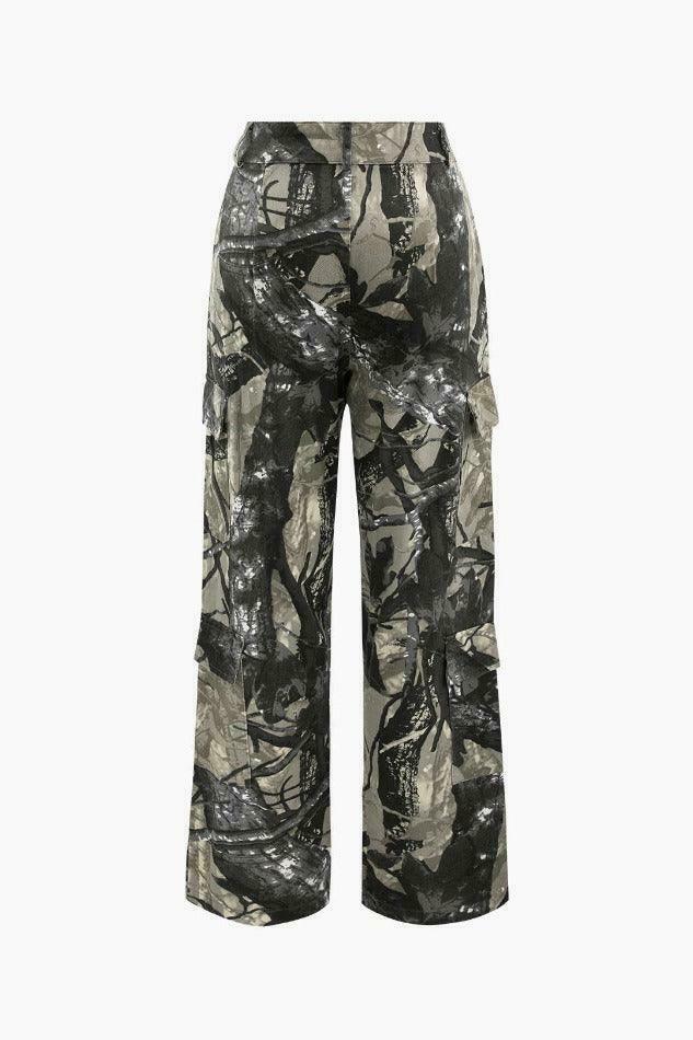 Y2K Aesthetic Cargo Pants with Abstract Print and Multi-Pocket Design Y2K Aesthetic Cargo Pants with Abstract Print and Multi-Pocket Design