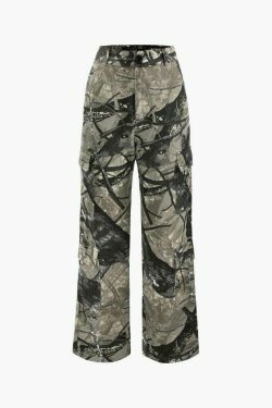 Y2K Aesthetic Cargo Pants with Abstract Print and Multi-Pocket Design