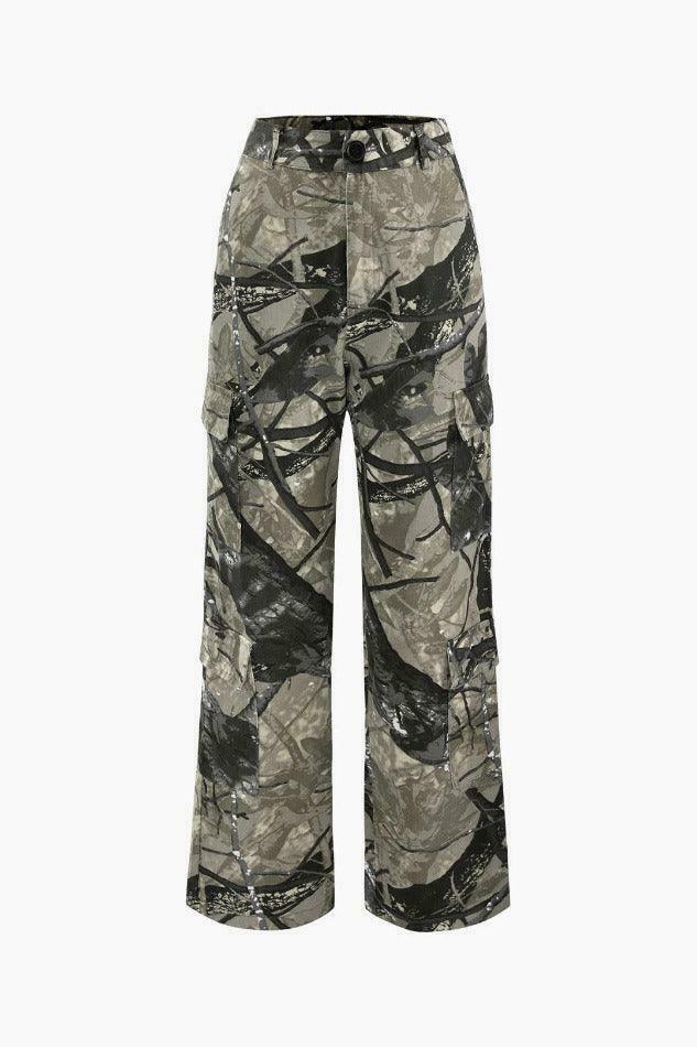 Y2K Aesthetic Cargo Pants with Abstract Print and Multi-Pocket Design Y2K Aesthetic Cargo Pants with Abstract Print and Multi-Pocket Design