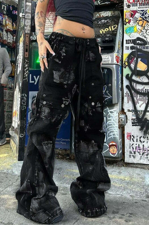 Y2K Aesthetic Cargo Skirt: Coquette Grunge Style with Dark Punk Trend, Loose Smudged Jeans