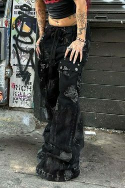 Y2K Aesthetic Cargo Skirt: Coquette Grunge Style with Dark Punk Trend, Loose Smudged Jeans