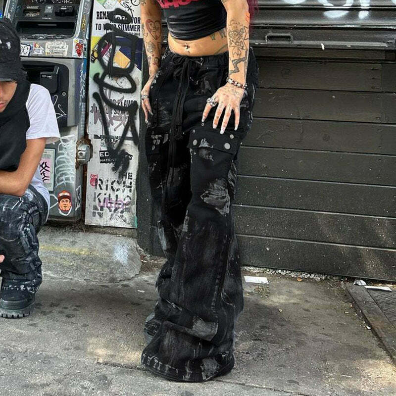 Y2K Aesthetic Cargo Skirt: Coquette Grunge Style with Dark Punk Trend, Loose Smudged Jeans Y2K Aesthetic Cargo Skirt: Coquette Grunge Style with Dark Punk Trend, Loose Smudged Jeans