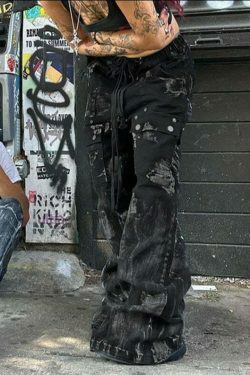 Y2K Aesthetic Cargo Skirt: Coquette Grunge Style with Dark Punk Trend, Loose Smudged Jeans
