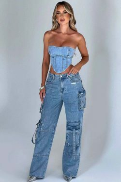 Y2K Aesthetic Cargo Skirt: Coquette Grunge with Pastel Goth Vibes - Multi-Pocket Denim