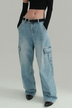 Y2K Aesthetic Cargo Skirt: Coquette Style Grunge Fashion with Loose Wide-Leg Denim Jeans