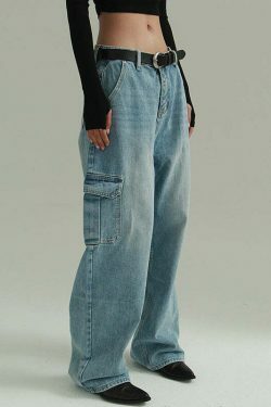 Y2K Aesthetic Cargo Skirt: Coquette Style Grunge Fashion with Loose Wide-Leg Denim Jeans