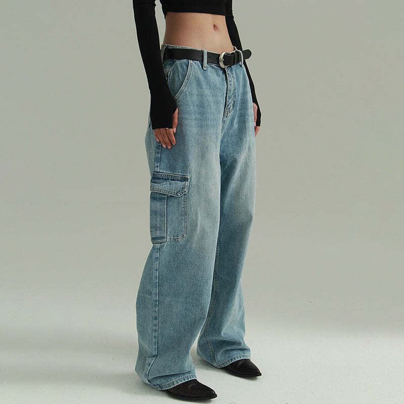Y2K Aesthetic Cargo Skirt: Coquette Style Grunge Fashion with Loose Wide-Leg Denim Jeans Y2K Aesthetic Cargo Skirt: Coquette Style Grunge Fashion with Loose Wide-Leg Denim Jeans