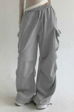 Y2K Aesthetic Cargo Skirt: Coquette Style Grunge Fashion with Solid Color Pocket Pleated Sweatpants