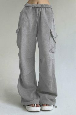 Y2K Aesthetic Cargo Skirt: Coquette Style Grunge Fashion with Solid Color Pocket Pleated Sweatpants