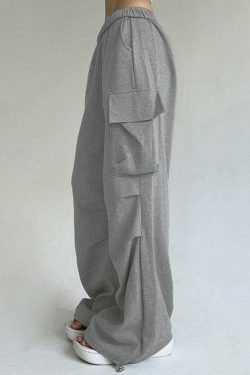 Y2K Aesthetic Cargo Skirt: Coquette Style Grunge Fashion with Solid Color Pocket Pleated Sweatpants