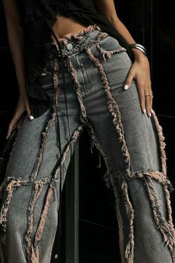 Y2K Aesthetic Cargo Skirt: Coquette Style Grunge Outfit with Raw-Edge Split Jeans