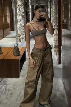 Y2K Aesthetic Cargo Skirt: Coquette Style Grunge Outfit with Retro Low-Waist Loose Woven Pants