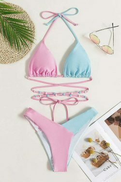 Y2K Aesthetic Cargo Skirt Set with Coquette Style Beads Bikini Swimsuit