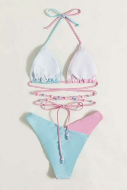 Y2K Aesthetic Cargo Skirt Set with Coquette Style Beads Bikini Swimsuit