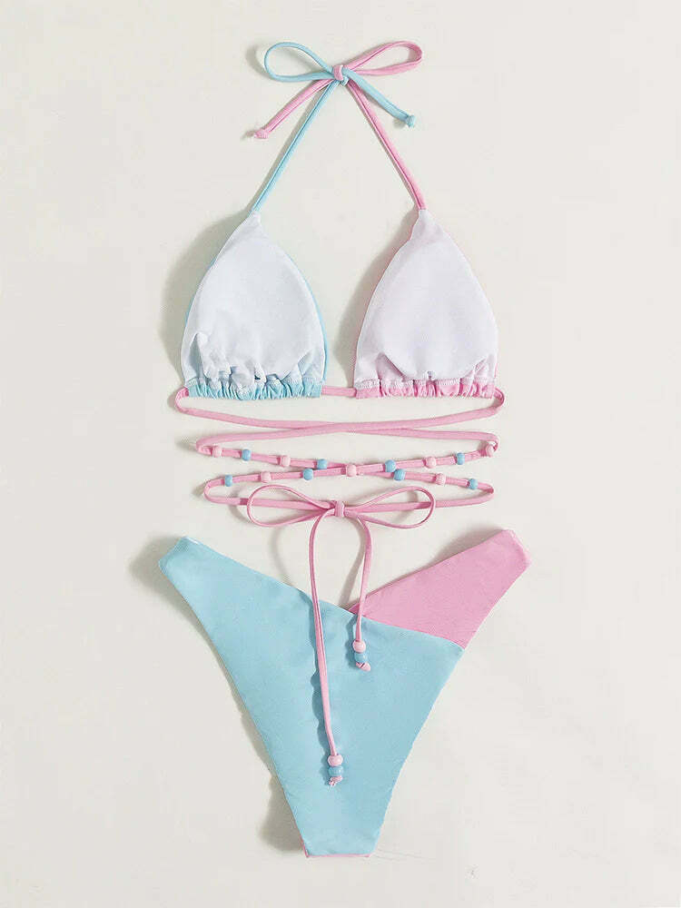 Y2K Aesthetic Cargo Skirt Set with Coquette Style Beads Bikini Swimsuit Y2K Aesthetic Cargo Skirt Set with Coquette Style Beads Bikini Swimsuit