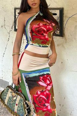 Y2K Aesthetic Cargo Skirt Set with Retro Flower Two-Piece Suit