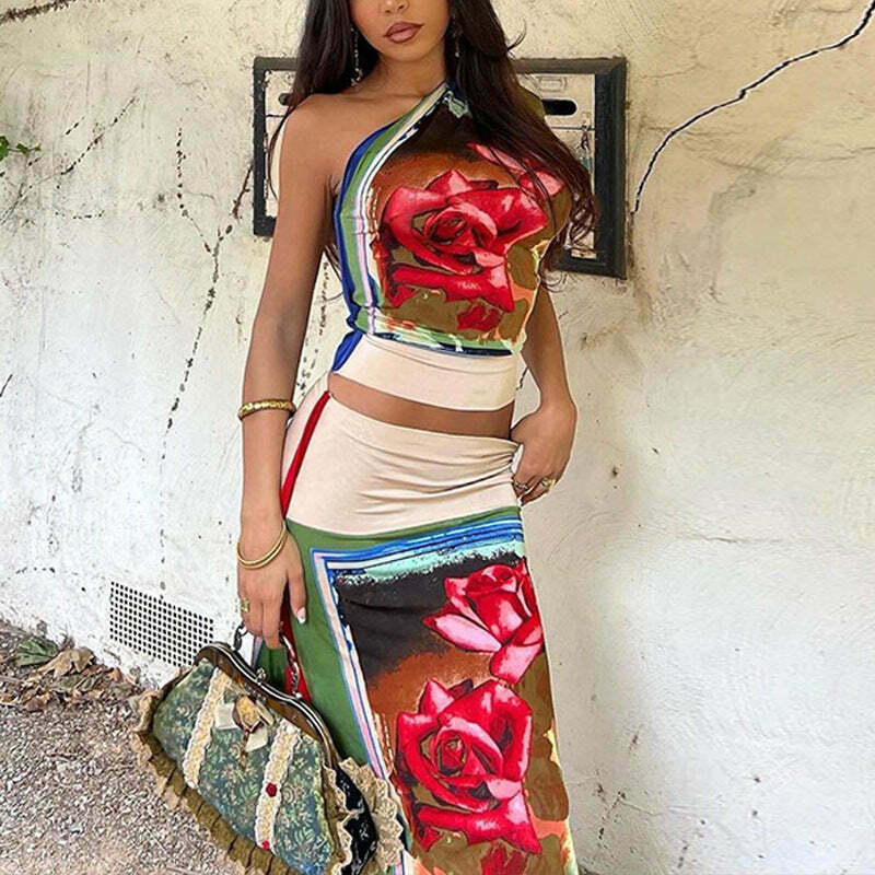 Y2K Aesthetic Cargo Skirt Set with Retro Flower Two-Piece Suit Y2K Aesthetic Cargo Skirt Set with Retro Flower Two-Piece Suit