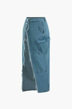 Y2K Aesthetic Cargo Skirt with Flap Pocket and Frayed Denim Slit