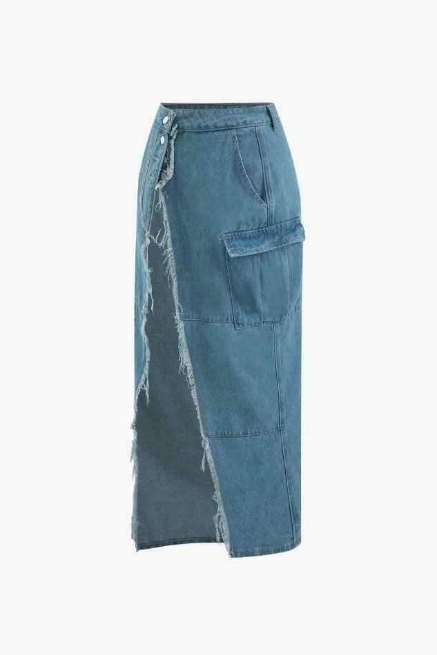 Y2K Aesthetic Cargo Skirt with Flap Pocket and Frayed Denim Slit