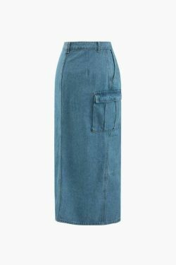 Y2K Aesthetic Cargo Skirt with Flap Pocket and Frayed Denim Slit