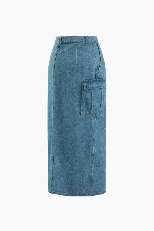 Y2K Aesthetic Cargo Skirt with Flap Pocket and Frayed Denim Slit