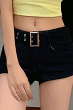 Y2K Aesthetic Cargo Skirt with Metal Hole Belt Slim Fit Denim Shorts