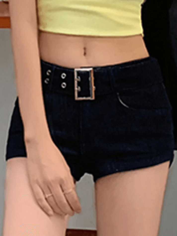 Y2K Aesthetic Cargo Skirt with Metal Hole Belt Slim Fit Denim Shorts