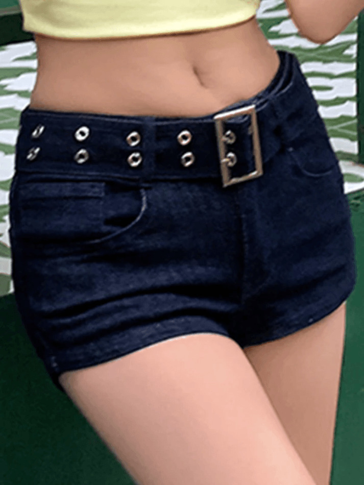 Y2K Aesthetic Cargo Skirt with Metal Hole Belt Slim Fit Denim Shorts